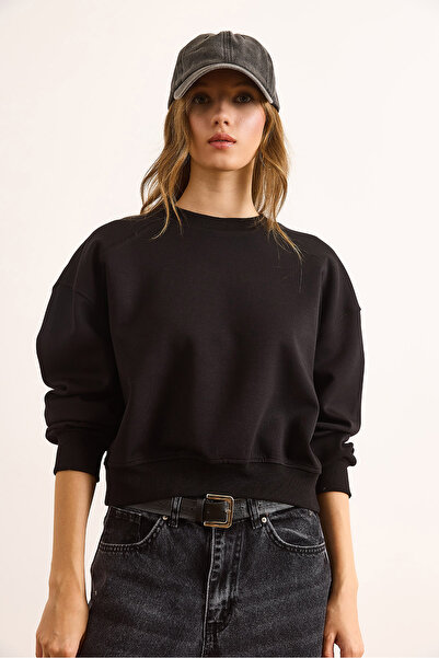 Olalook Women's Black Double Interlock Sleeve Detailed Thick Sweatshirt Swt-19000735