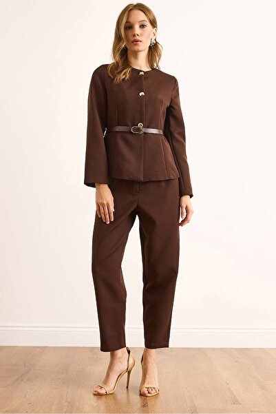 Olalook Дамски комплект с кафяво яке с колан и подплата TKM-19000434