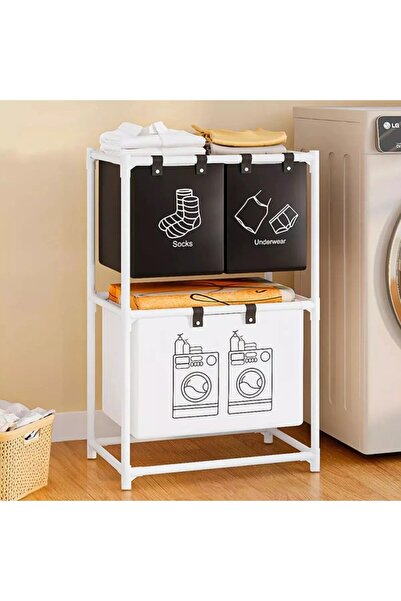 Flippy Coș de rufe pliant, 2 niveluri, 3 coșuri, cadru din oțel inoxidabil, 97x28x57 cm, alb