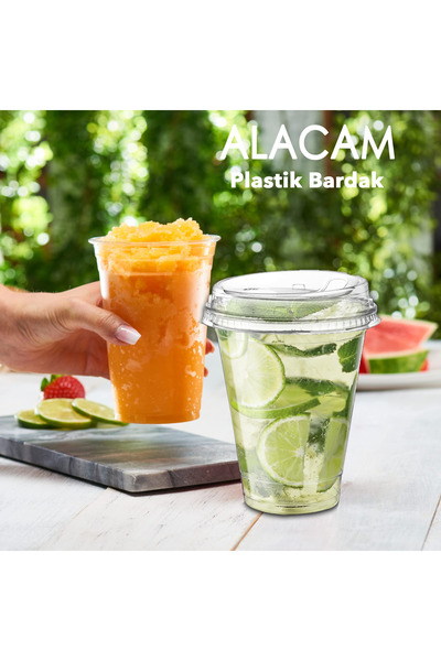 ALACAM [50 Adet] Yudum Kapaklı Plastik Bardak-Limonata, Meyve Suyu, Parti Bardağı (12 OZ - 350 ML)