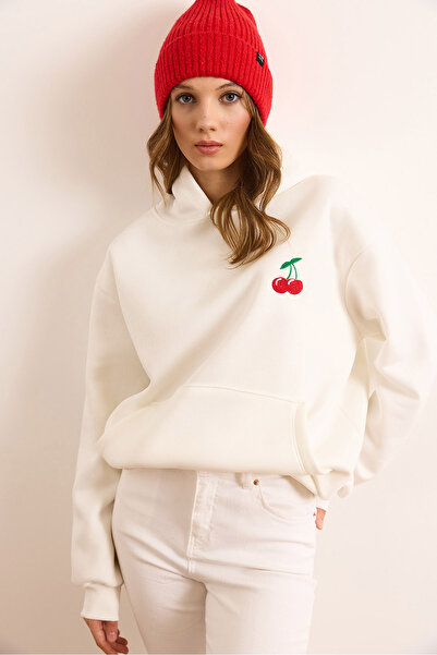 Olalook Γυναικείο φούτερ με κουκούλα με κέντημα λευκό κεράσι SWT-19000734