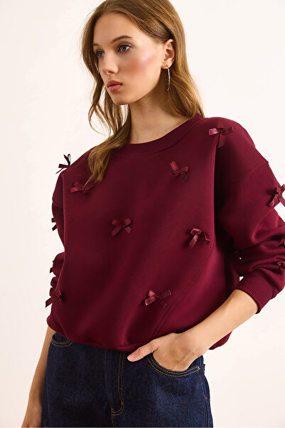 Olalook Γυναικείο μπλουζάκι με ασύμμετρη ραφή με λεπτομέρεια φιόγκου, με ανάγλυφο σχέδιο, μπορντό, SWT-19000738