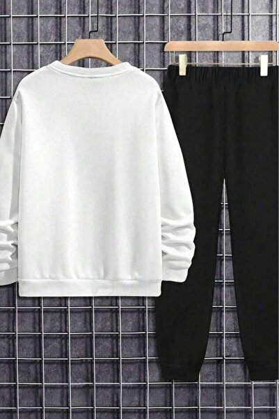 NO 601 Men's White Crew Neck the Bston Printed Black Sweatpants Set
