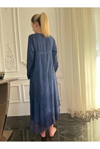 Bohemian Antik Görünümlü Taşlanmış Pamuk Otantik Kısa Kol Uzun Elbise