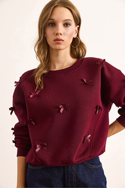 Olalook Hanorac pentru femei, bordeaux, cu cusături asimetrice, cu detaliu de fundă, cu broderie în relief, SWT-19000738