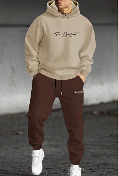 NO 601 Men's Beige the Bston Winter Hooded Brown Printed Sweatpants Set