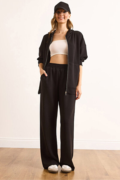 Olalook Kadın Siyah Modal Alt Üst Yumuşak Dokulu Dökümlü Takım TKM-19000435