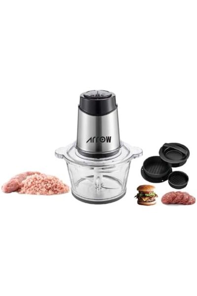 ARROW 2L Glass Bowl Chopper, 500W, Stainless Steel Double Blade, 3-in-1 Stuffed Burger Press Burger