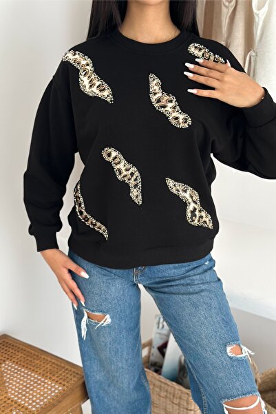 FEMELLE Φούτερ από 100% βαμβάκι με μαύρο λεοπάρ σχέδιο με χάντρες και κεντημένες πούλιες