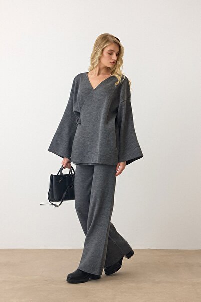 VAGGON Жіночий антрацитовий V-подібний комір з поясом, широкі штани, двокомпонентний комплект Vs00889