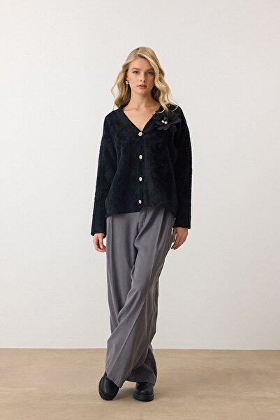 VAGGON Women's Black Cardigan with Floral Accessories, Button Closure, Deep V-Neck Vs00912