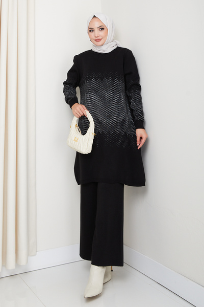 FERHEL Elegance Silvery Woven Comfortable Fit Women's Tunic and Pants Hijab Knitwear Set