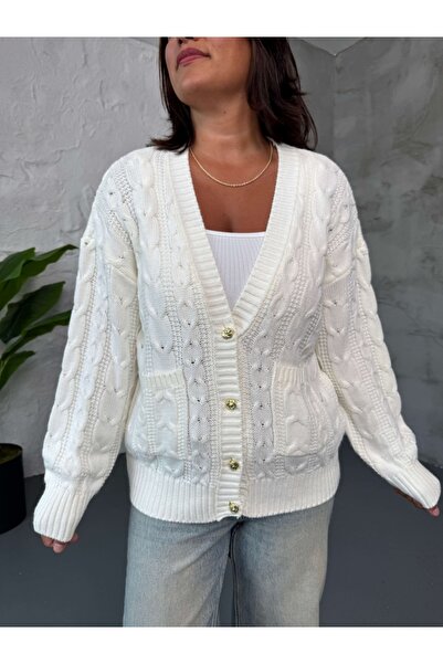 Elif Özbey Butik White Hair Braided Cardigan with Pockets