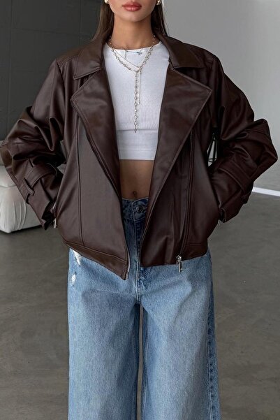 Jaglion Νέα σεζόν Γυναικείο δερμάτινο μπουφάν με μανίκια μπαλόνι