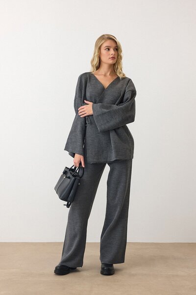 VAGGON Жіночий антрацитовий V-подібний комір з поясом, широкі штани, двокомпонентний комплект Vs00889