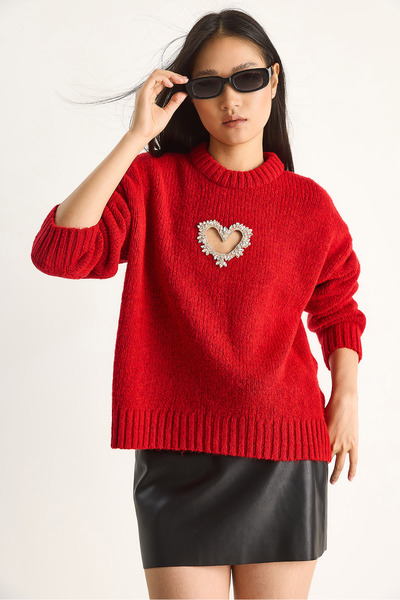 Bianco Lucci Women's Heart Detailed Stone Embroidered Knitwear Sweater 60261249