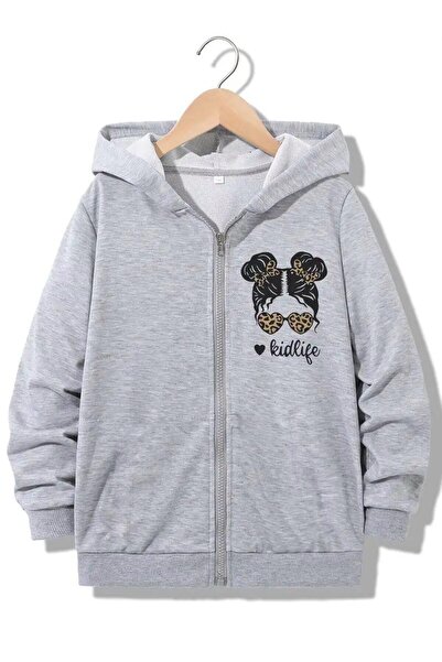 MORNİNG KİDS Devojčin sivi KidLife Štampano kardigan sa kapuljačom i patentni...