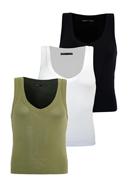 Madmext Siyah/Beyaz/Açık Yeşil Derin V Yaka %100 Pamuklu Basic Kadın Atlet Mg2405
