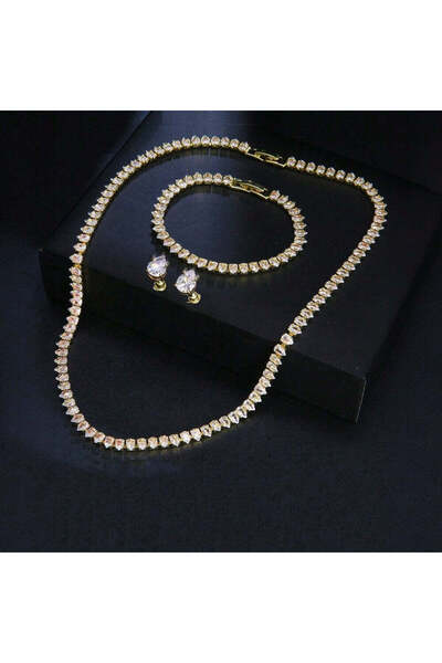 Pursehuit Necklace, earrings and bracelet set, tennis, gold, with zirconia stones, Deana C15