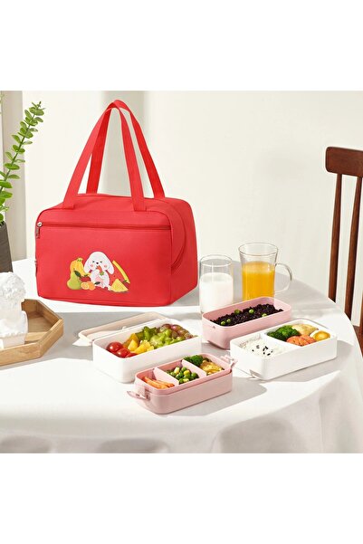 Flippy Thermal Bag with Phone & Cutlery Compartments, Waterproof, 30x21x20 cm, Bunny, Red