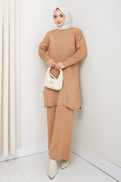 FERHEL Elegance Silvery Woven Comfortable Fit Women's Tunic and Pants Hijab Knitwear Set