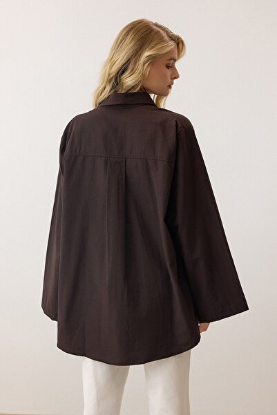 VAGGON Women's Brown Long Sleeve Oversize Poplin Shirt Vs00925