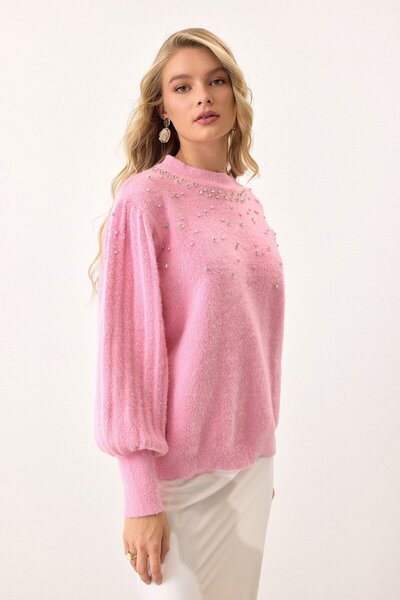 VAGGON Női rózsaszín, nyakú, gyöngyös kötött pulóver Vs00901