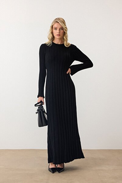VAGGON Γυναικείο μαύρο ίσιο πλεκτό φόρεμα με μακριά μανίκια Vs00887