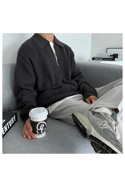 PriStyle Pulover Barbati cu Guler Polo si Fermoar, Tricot Gros din Material Moale si Calduros, Design Modern