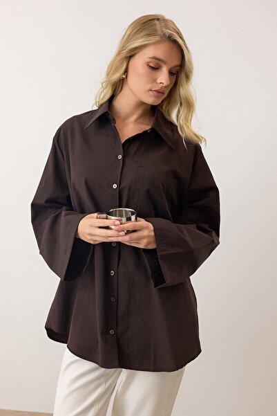 VAGGON Women's Brown Long Sleeve Oversize Poplin Shirt Vs00925