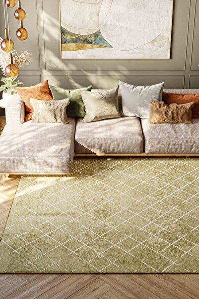 Lorente Home Mia Viscose Woven Carpet Non-Slip Base Washable Green White Living Room Carpet 1403