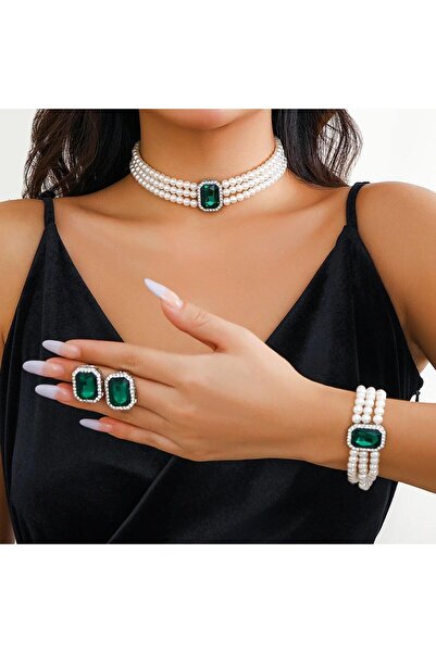 Pursehuit Set colier, brățară și cercei, culoare argintie, cu perle și pietre...