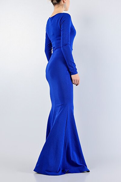 bayansepeti Women's Crepe Fabric V-Neck Flounce Design Long Sleeve Saks Blue Maxi Dress 099