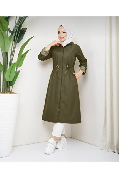 Bahar Altundemir معطف واق من المطر نسائي بخصر مطاطي وغطاء للرأس باللون الكاكي 01