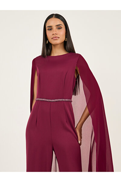Styli Faux Pearl Detail Waist Cape Sleeves Wide Leg Tailored Jumpsuit