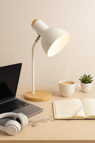 Vivido Home Ahşap Nordic Beyaz Masa Lambası