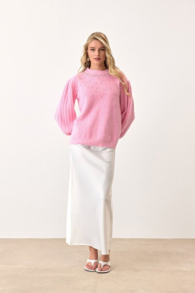 VAGGON Női rózsaszín, nyakú, gyöngyös kötött pulóver Vs00901