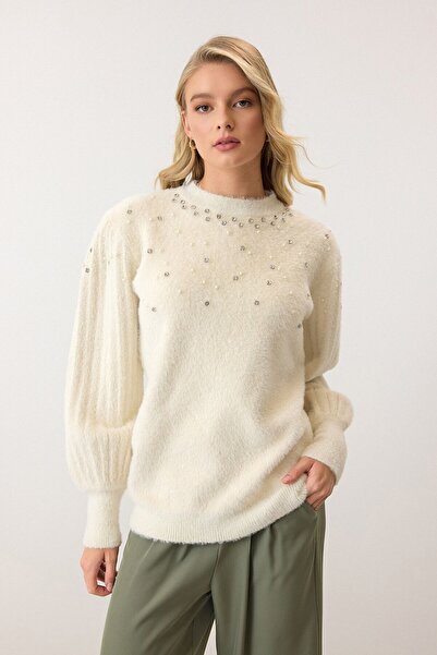 VAGGON Pulover de tricotat crem pentru femei, cu decolteu rotund, cu perle Vs00901