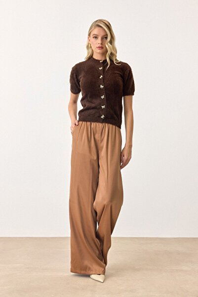 VAGGON Women's Bitter Brown Short Sleeve Buttoned Knitwear Cardigan Vs00892