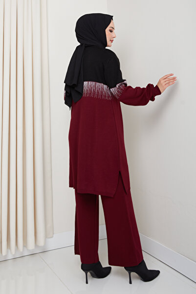 FERHEL Rhythmic Pattern Steel Woven Comfortable Fit Women's Tunic and Pants Hijab Knitwear Set