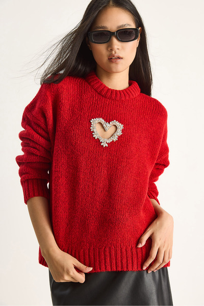 Bianco Lucci Women's Heart Detailed Stone Embroidered Knitwear Sweater 60261249