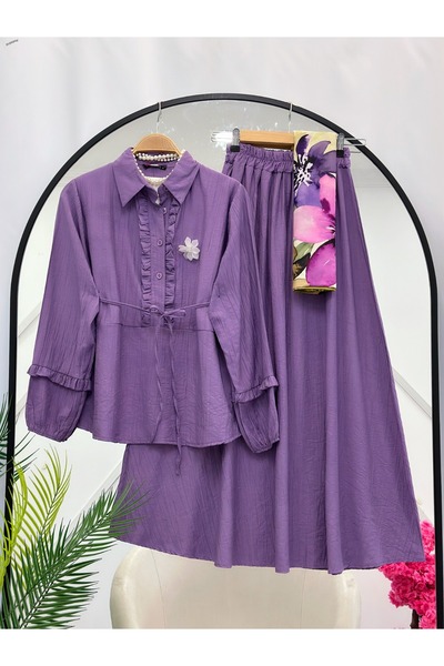 YEDİLALE Flower Brooched Skirt and Bluse Double Set 4906