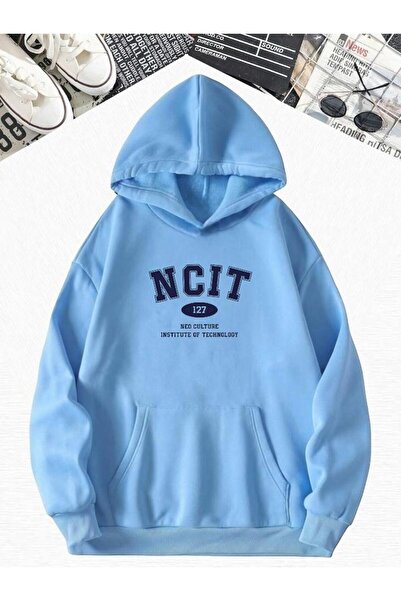 BENROMA Hanorac supradimensionat cu glugă, cu 3 fire, din bumbac pieptănat, albastru bebeluș, cu imprimeu NCIT