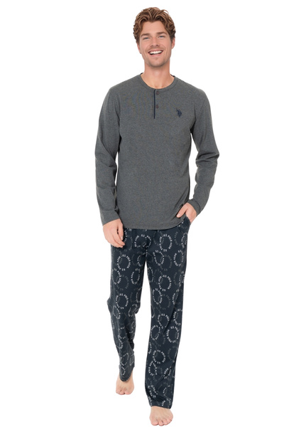 U.S. Polo Assn. Men's 100% Cotton Anthracite Melange Long Sleeve Tracksuit Set – Patterned Bottom