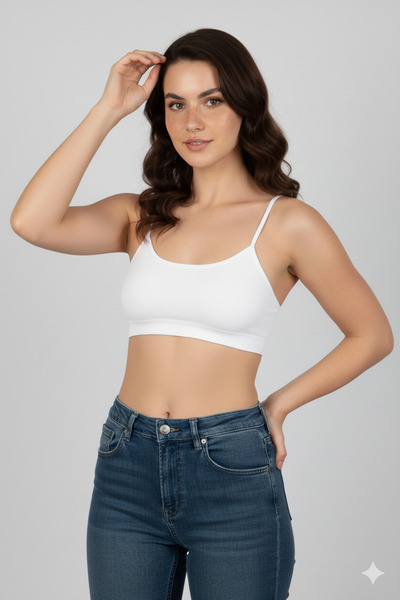 ROSAMİNA Women's Cotton Thin Strap Padded White Ribbed Bralette Bra Bustier