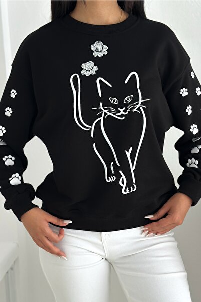 FEMELLE Black Cat Pattern Beaded 100% Cotton Sweatshirt