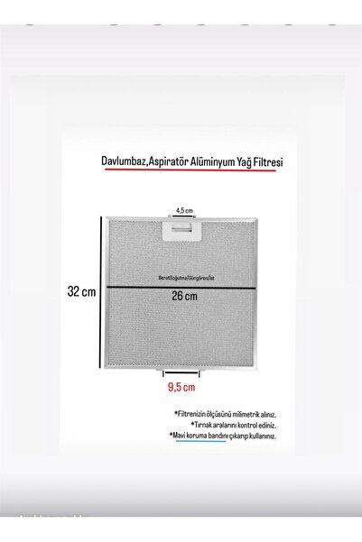 Arçelik EN 26 cm BOY 32 cm - Arka Tırnak 9,5 cm Aspiratör Davlumbaz Metal Yağ Filtresi