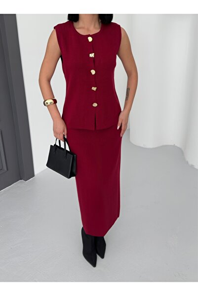 BEJNA Women's Burgundy Button Detailed Vest Long Skirt Bottom Top Knitwear Set