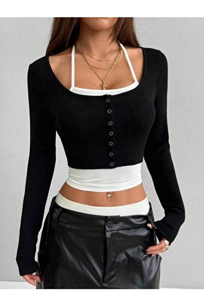 Gofeel Kadın Fit Uzun Kollu Twisty Düğmeli Crop Bluz