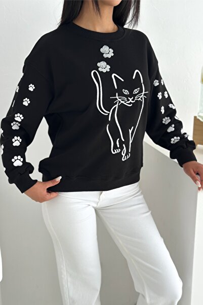 FEMELLE Black Cat Pattern Beaded 100% Cotton Sweatshirt